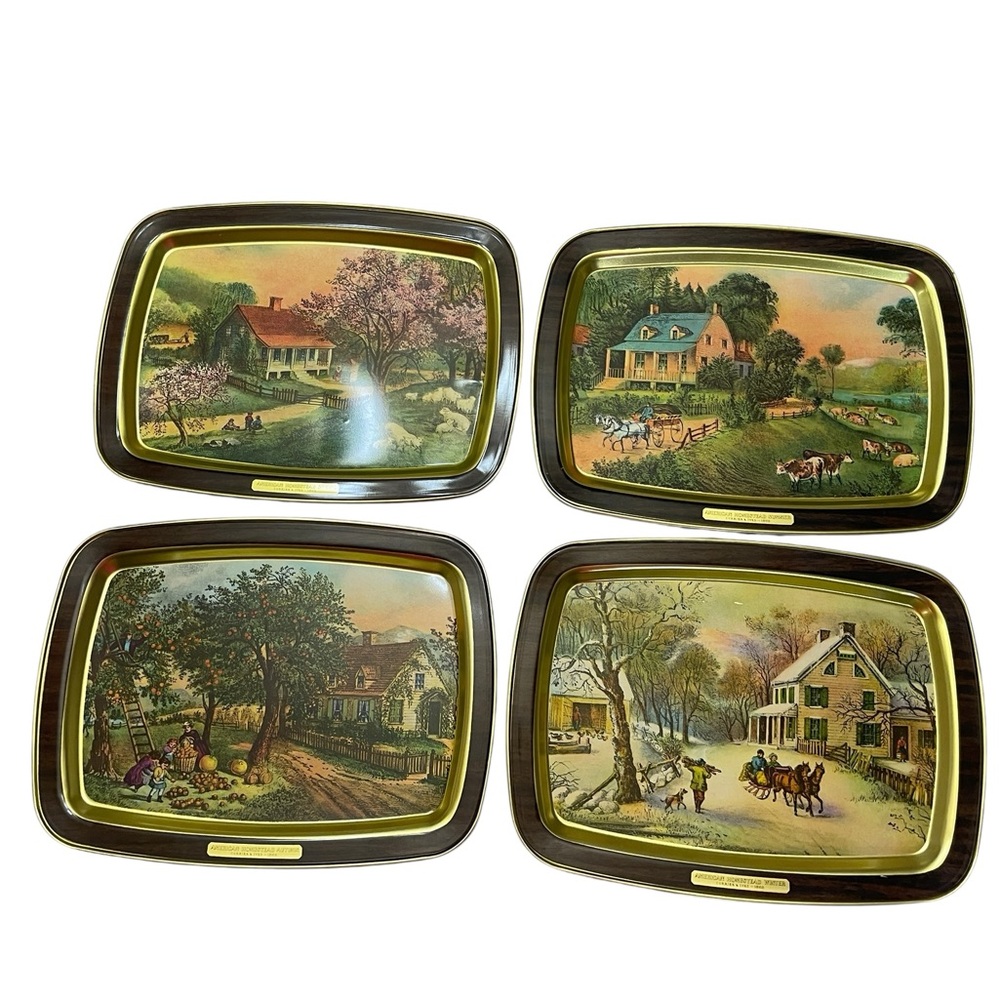 Vintage MCM Currier & Ives 1868 American Homestead 4 Seasons Metal Serving Trays